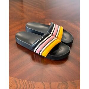 Tory Burch Slides Sandals 9 Striped Rainbow Padded Leather Sporty Slip On Womens